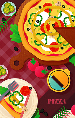 접시 포크 일러스트 방울토마토 피망 피자 패스트푸드 사람없음 버섯 식탁보 소스 피클 고구마 나무도마 페퍼로니 피자조각 국내일러스트 AI파일 식기 조각 토마토 채소 뿌리채소 도마 서양음식 목재 양념 소시지 인스턴트 절임 파일형식 벡터