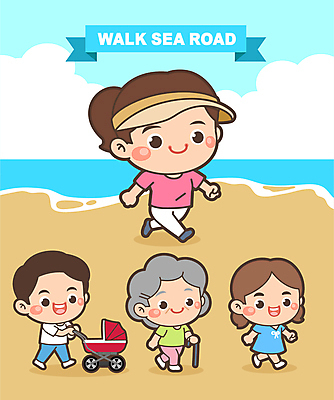 전신 구름 캐릭터 여자 노년 남자 어린이 바다 일러스트 지팡이 하늘 소녀 여러명 성인 파란색 모래사장 걷기 축제 유모차 썬캡 바닷길 지역축제 대한민국축제 일러캐릭터 AI파일 자연요소 모자_잡화 길 컬러 다수 모션 사람 아기용품 파일형식 벡터