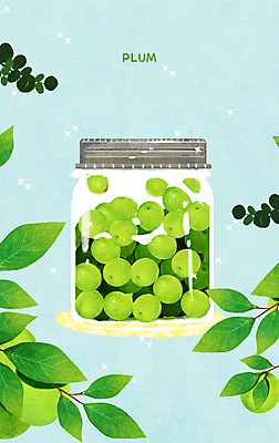 PSD 열매 하늘색 과일 일러스트 유리병 나뭇잎 사람없음 초록색 담기 매실 매실청 국내일러스트 식물 컬러 잎 모션 병_용기 파란색 파일형식 과일청