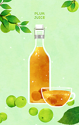 PSD 열매 과일 일러스트 유리병 나뭇잎 사람없음 연두색 과일주스 찻잔 매실 매실청 국내일러스트 식물 잎 병_용기 잔 초록색 주스 파일형식 과일청