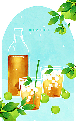 PSD 열매 음료 하늘색 과일 일러스트 유리병 나뭇잎 잔 빨대 사람없음 얼음 주스 과일주스 매실 매실청 국내일러스트 자연요소 식물 식기 잎 병_용기 파란색 파일형식 과일청