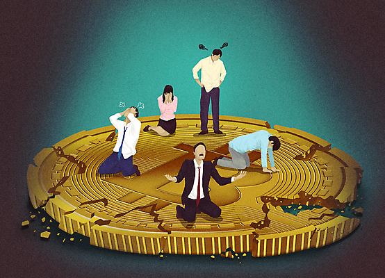 전신 PSD 여자 남자 일러스트 여러명 성인 초록색 금융 경제 노란색 동전 손상 고통 슬픔 분노 직장인 좌절 울음 괴로움 투자 경제불황 투자자 성인만 가상화폐 국내일러스트 직업 감정 컬러 다수 컨셉 돈 비즈니스 표정 사람 불황 파일형식