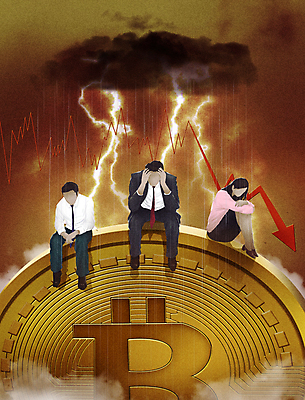 전신 PSD 여자 남자 화살표 일러스트 그래프 경고 성인 세명 금융 경제 갈색 동전 슬픔 직장인 비 연기 번개 먹구름 괴로움 투자 경제불황 손실 위기 투자자 성인만 가상화폐 폭락 국내일러스트 자연요소 직업 감정 컬러 돈 비즈니스 날씨 사람 하락 불황 파일형식 구름_자연