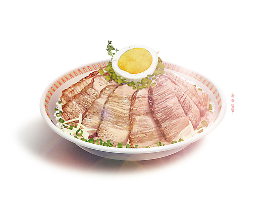 PSD 그릇 일러스트 돼지고기 요리 사람없음 식사 메뉴 덮밥 삼겹살 파 삶은계란 차슈 국내일러스트 식기 음식 채소 육류 계란 계란요리 파일형식