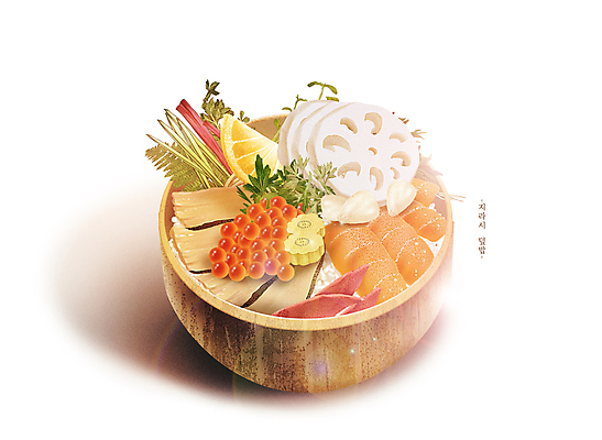 PSD 그릇 채소 일러스트 마늘 요리 사람없음 일본 식사 초밥 어묵 레몬 메뉴 덮밥 나물 연근 연어알 지라시즈시 국내일러스트 식기 아시아 음식 과일 알 일본음식 파일형식