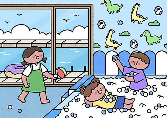 전신 PSD 여자 남자 어린이 일러스트 공 놀이 호텔 수영장 서기 들기 소녀 소년 상반신 세명 여름휴가 바캉스 눕기 튜브 볼풀 볼풀장 어린이만 호캉스 알파세대 국내일러스트 모션 숙소 휴가 사람 세대 파일형식 여름_계절