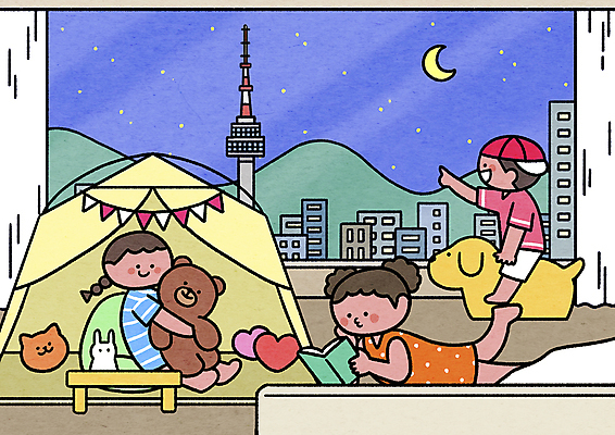 전신 PSD 여자 남자 어린이 엎드리기 야경 일러스트 창문 안기 놀이 호텔 텐트 앉기 소녀 소년 책 세명 파란색 여름휴가 바캉스 독서 곰인형 침대 가리킴 남산타워 어린이만 호캉스 알파세대 국내일러스트 인형 컬러 가구 모션 숙소 휴가 캠핑도구 사람 손짓 야간 남산 세대 파일형식 여름_계절 풍경_경치