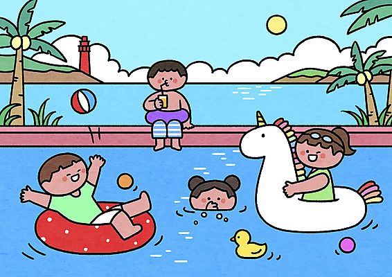 전신 PSD 여자 남자 어린이 바다 일러스트 물놀이 호텔 수영장 등대 앉기 소녀 소년 여러명 상반신 파란색 여름휴가 바캉스 야자수 수영 마시기 떠있는 비치볼 잠수 튜브 오리인형 오리장난감 어린이만 호캉스 알파세대 인피니티풀 국내일러스트 나무 인형 컬러 다수 공 모션 놀이 숙소 휴가 바캉스용품 사람 장난감 수상스포츠 세대 파일형식 여름_계절