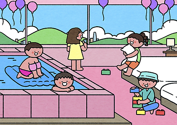 전신 PSD 여자 남자 어린이 분홍색 일러스트 창문 베개 안기 호텔 실내 서기 앉기 소녀 소년 여러명 상반신 여름휴가 바캉스 장난감 파티 침대 떠있는 비치베드 풍선 블록쌓기 어린이만 실내수영장 호캉스 알파세대 국내일러스트 컬러 가구 다수 침구 모션 숙소 휴가 수영장 사람 이벤트 내부 쌓기 블록 세대 파일형식 여름_계절