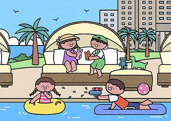 PSD 여자 남자 수영복 어린이 인형 엎드리기 바다 일러스트 물놀이 놀이 호텔 수영장 들기 앉기 소녀 소년 여러명 상반신 건물 여름휴가 바캉스 야자수 장난감 침대 비치베드 튜브 물총 어린이만 호캉스 알파세대 국내일러스트 나무 건축물 옷 가구 다수 모션 숙소 휴가 사람 세대 파일형식 여름_계절