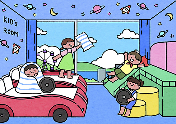 PSD 여자 남자 어린이 일러스트 창문 베개 자동차 놀이 호텔 들기 소녀 소년 여러명 파란색 여름휴가 바캉스 놀이방 이불 침대 바퀴 미끄럼틀 객실 감싸기 아이방 어린이만 호캉스 알파세대 국내일러스트 육상교통 컬러 가구 다수 침구 모션 숙소 휴가 사람 방 놀이기구 세대 파일형식 여름_계절