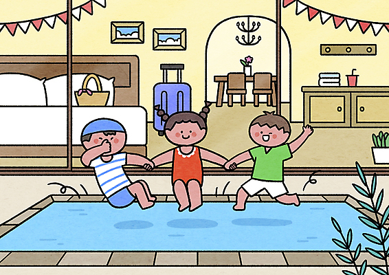 전신 PSD 여자 남자 수영복 어린이 여행 일러스트 놀이 호텔 수영장 소녀 소년 세명 여름휴가 바캉스 손잡기 점프 침대 다이빙 객실 베이지색 어린이만 호캉스 알파세대 국내일러스트 옷 컬러 가구 모션 숙소 휴가 사람 수영 세대 수중스포츠 파일형식 여름_계절