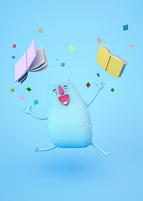 PSD 편집 편집이미지 캐릭터 한마리 디자인 교육 하늘색 3D캐릭터 사람없음 책 3D소스 3D 점프 기쁨 만세 던지기 디지털합성 꽃가루 몬스터 에듀 에듀케이션 편집소스 편집3D 1 감정 모션 파란색 가루 파일형식