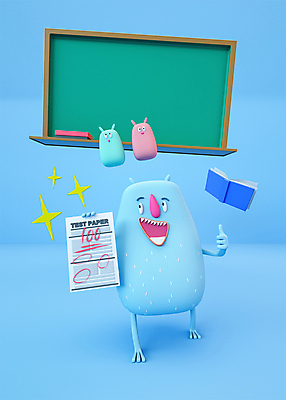 PSD 편집 편집이미지 캐릭터 디자인 교육 하늘색 3D캐릭터 세마리 들기 사람없음 책 3D소스 3D 칠판 최고 디지털합성 시험지 보여주기 칠판지우개 100점 몬스터 백점 에듀 에듀케이션 편집소스 편집3D 모션 3 파란색 점수 파일형식