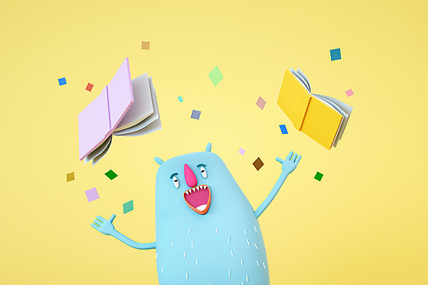 PSD 편집 편집이미지 캐릭터 한마리 디자인 교육 성공 3D캐릭터 웃음 사람없음 책 노란색 3D소스 3D 기쁨 만세 던지기 디지털합성 꽃가루 몬스터 에듀 에듀케이션 편집소스 편집3D 1 감정 컬러 컨셉 모션 표정 가루 파일형식