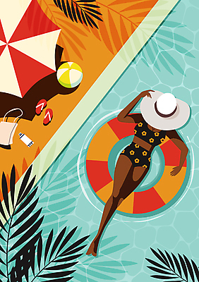 전신 모자 여자 가방 일러스트 휴식 수영장 한명 성인 파란색 여름휴가 바캉스 눕기 주황색 파라솔 떠있는 쪼리 비치볼 튜브 얼굴가리기 열대잎 성인여자한명만 국내일러스트 AI파일 1 잡화 컬러 컨셉 잎 공 모션 휴가 바캉스용품 사람 가림 샌들 여자한명만 성인여자만 파일형식 벡터 여름_계절