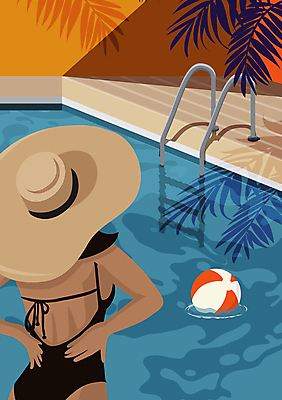 모자 여자 수영복 허리손 일러스트 사다리 휴식 수영장 그림자 한명 상반신 성인 파란색 여름휴가 바캉스 떠있는 비치볼 열대잎 성인여자한명만 국내일러스트 AI파일 1 잡화 옷 컬러 포즈 컨셉 잎 공 모션 휴가 바캉스용품 사람 도구 여자한명만 성인여자만 파일형식 벡터 여름_계절