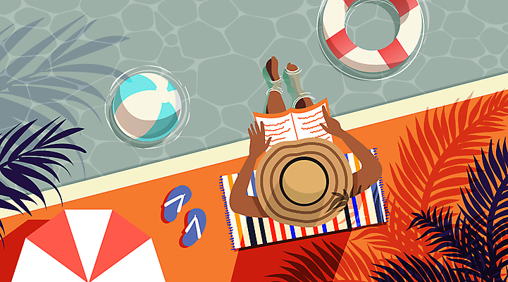 전신 모자 여자 일러스트 휴식 수영장 그림자 한명 앉기 성인 책 여름휴가 바캉스 독서 주황색 떠있는 쪼리 비치볼 튜브 발담그기 열대잎 성인여자한명만 국내일러스트 AI파일 1 잡화 컬러 컨셉 잎 공 모션 휴가 바캉스용품 사람 샌들 여자한명만 성인여자만 파일형식 벡터 여름_계절