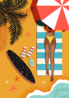 전신 여자 일러스트 휴식 불가사리 그림자 한명 성인 여름휴가 바캉스 모래사장 눕기 노란색 파라솔 서핑보드 쪼리 선크림 돗자리 비치타올 야자수잎 성인여자한명만 국내일러스트 AI파일 1 바다 컬러 컨셉 잎 모션 휴가 극피동물 사람 수건 화장품 보드_스포츠 샌들 여자한명만 성인여자만 파일형식 벡터 여름_계절