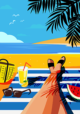 구름 여자 하늘색 가방 일러스트 갈매기 휴식 수박 세마리 한명 성인 신체부위 여름휴가 바캉스 모래사장 선글라스 눕기 노란색 하반신 다리 샌들 레몬 돗자리 야자수잎 성인여자한명만 블루레몬에이드 국내일러스트 AI파일 자연요소 1 잡화 안경 바다 컬러 신발 컨셉 잎 과일 모션 조류 휴가 3 사람 파란색 에이드 여자한명만 성인여자만 파일형식 벡터 여름_계절