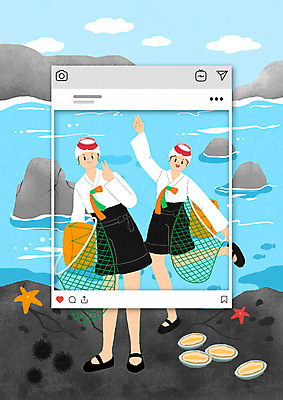 전신 PSD 여자 바다 포즈 하늘색 여러마리 일러스트 불가사리 서기 성인 두명 제주도 바위 하트 한복 브이 전복 해녀 성게 물질 소셜네트워크 전통방식 해녀도구 해녀복장 성인여자만 인증샷 국내일러스트 모양 직업 한국전통 전통 옷 다수 모션 어패류 극피동물 한국 사람 손짓 파란색 돌_바위 도구 전통의상 인증 합성어 여자만 성인만 파일형식