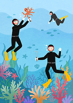 전신 PSD 여자 남자 바다 하늘색 여러마리 일러스트 들기 성인 세명 제주도 바닷속 수영 산호 잠수 손인사 문어 갈고리 직업체험 해녀 물질 해녀도구 해녀복장 성인만 국내일러스트 직업 옷 다수 모션 연체동물 한국 사람 파란색 수중 수중동물 도구 수상스포츠 인사 체험학습 자포동물 파일형식