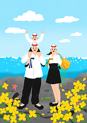 전신 PSD 구름 응시 여자 남자 아들 어린이 바다 하늘색 일러스트 엄마 불가사리 서기 소년 성인 세명 제주도 만세 목말 아빠 한복 물안경 유채 직업체험 해녀 물질 전통방식 해녀도구 해녀복장 국내일러스트 자연요소 직업 한국전통 전통 시선 옷 꽃 가족 모션 극피동물 한국 사람 파란색 도구 체험학습 전통의상 수영용품 파일형식