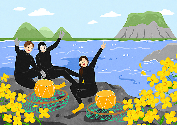 전신 PSD 여자 남자 꽃잎 바다 섬 일러스트 앉기 성인 세명 제주도 손들기 유채 브이 손인사 직업체험 해녀 물질 해녀도구 해녀복장 성인만 국내일러스트 직업 옷 꽃 모션 한국 사람 손짓 도구 인사 체험학습 파일형식