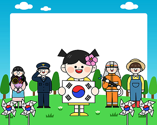 전신 나무 구름 여자 남자 어린이 꽃다발 일러스트 프레임 서기 들기 소녀 초원 여러명 성인 경찰 농부 태극기 소방관 바람개비 무궁화 경례 광복절 플로리스트 대한독립 국내일러스트 AI파일 자연요소 식물 직업 꽃 다수 모션 사람 공휴일 인사 국기 구조원 소방 국경일 독립 파일형식 벡터
