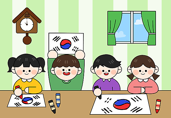 여자 남자 어린이 일러스트 창문 미소 들기 소녀 소년 여러명 상반신 만세 색칠 그리기 태극기 벽시계 그림 크레파스 손그림 보여주기 광복절 어린이만 대한독립 국내일러스트 AI파일 시계 다수 모션 학용품 표정 사람 공휴일 국기 국경일 독립 파일형식 벡터