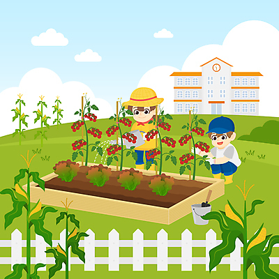전신 모자 여자 어린이교육 교육 남자 어린이 줄기 잎 일러스트 학교 방울토마토 옥수수 서기 소녀 소년 두명 연두색 상추 모종삽 양동이 친환경 원예 자연학습 웅크림 돌봄 물뿌리기 밭일 자연관찰 텃밭 어린이만 언스쿨링 국내일러스트 AI파일 식물 잡화 밭 토마토 채소 모션 곡류 사람 취미 초록색 환경 관찰 체험학습 삽 파일형식 벡터