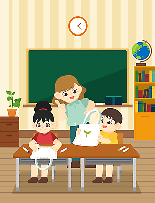 전신 여자 어린이교육 교육 남자 어린이 허리손 일러스트 교실 학교 책장 서기 앉기 소녀 소년 성인 세명 지구본 교사 칠판 최고 책상 친환경 크레파스 만들기 자연학습 베이지색 에코백 국내일러스트 AI파일 직업 컬러 포즈 가구 가방 모션 학용품 사람 환경 체험학습 에코 파일형식 벡터