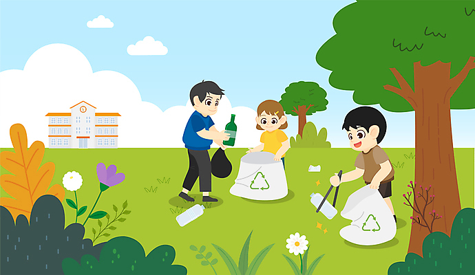 전신 나무 여자 어린이교육 교육 남자 어린이 일러스트 학교 유리병 집게 들기 소녀 소년 성인 세명 연두색 교사 재활용 쓰레기 친환경 페트병 자연학습 쓰레기봉투 쓰레기줍기 줍기 플로깅 재활용표시 국내일러스트 AI파일 식물 직업 모션 표시 병_용기 봉투 사람 초록색 환경 체험학습 병_담는 파일형식 벡터