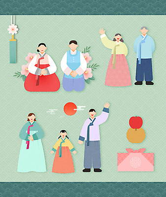 전신 여자 노년 남자 어린이 잎 일러스트 가족 서기 앉기 소녀 여러명 성인 연두색 전통문양 손들기 추석 보자기 절 배 사과 한복 노리개 뒷짐 손인사 무궁화 손모으기 추석선물 얼굴없음 명절선물 국내일러스트 AI파일 식물 한국전통 전통 문양 명절 꽃 다수 과일 관계 모션 전통소품 선물 사람 손짓 초록색 인사 전통의상 파일형식 벡터 천_직물