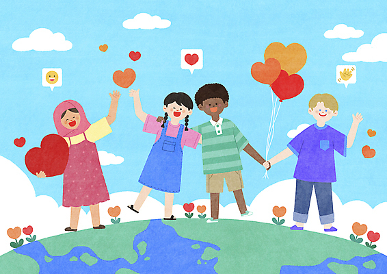 전신 PSD 구름 여자 남자 꽃 지구 어린이 말풍선 일러스트 하늘 어깨동무 사랑 들기 소녀 소년 여러명 손들기 손잡기 하트 다문화 손인사 지구촌 다인종 하트풍선 다문화가정 이모티콘 어린이만 국내일러스트 자연요소 모양 식물 감정 포즈 다수 모션 사람 인종 인사 사회이슈 풍선 파일형식