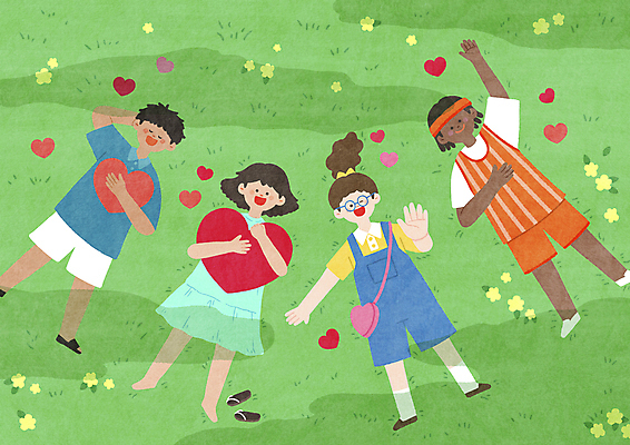 전신 PSD 여자 남자 꽃 어린이 일러스트 안기 사랑 소녀 소년 잔디 초원 여러명 눕기 손들기 하트 다문화 지구촌 다인종 다문화가정 어린이만 안경낌 국내일러스트 모양 식물 감정 안경 다수 모션 사람 인종 사회이슈 파일형식