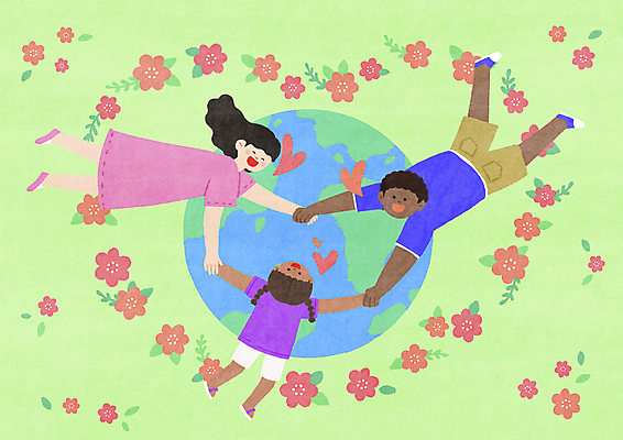 전신 PSD 여자 남자 꽃 지구 어린이 일러스트 가족 사랑 웃음 소녀 성인 세명 연두색 손잡기 하트 지구촌 다인종 다문화가정 국내일러스트 모양 식물 감정 관계 모션 표정 사람 인종 초록색 다문화 파일형식