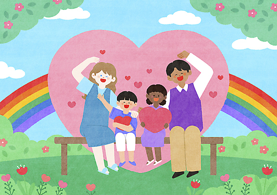 전신 PSD 구름 여자 남자 어린이 무지개 벤치 일러스트 가족 안기 포옹 사랑 들기 앉기 소녀 소년 여러명 성인 하트 풀 지구촌 다인종 다문화가정 손하트 공감 이해 국내일러스트 자연요소 모양 식물 감정 다수 의자 관계 모션 사람 인종 손짓 다문화 파일형식