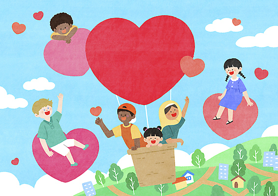 전신 PSD 여자 남자 어린이 일러스트 하늘 주택 사랑 앉기 소녀 소년 상반신 건물 세명 열기구 하트 비행 손인사 지구촌 다인종 다문화가정 공감 배려 이해 어린이만 국내일러스트 모양 건축물 감정 항공교통 모션 사람 인종 인사 다문화 파일형식