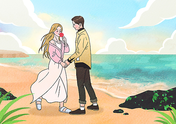 전신 PSD 구름 커플 여자 남자 일러스트 하늘 휴식 함께함 사랑 서기 성인 해변 두명 제주도 장미 마주보기 걷기 눈감음 손잡기 돌_바위 향기 제주도여행 성인만 국내일러스트 자연요소 꽃 감정 바다 여행 컨셉 관계 모션 한국 사람 냄새 파일형식