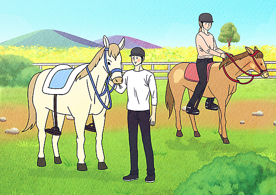 전신 PSD 나무 커플 여자 남자 두마리 일러스트 휴식 산 함께함 서기 성인 두명 울타리 제주도 잡기 말_동물 풀 승마 승차 유채 교감 승마장 승마모자 제주도여행 성인만 국내일러스트 식물 모자_잡화 꽃 스포츠 여행 컨셉 2 포유류 관계 모션 한국 사람 담장 파일형식