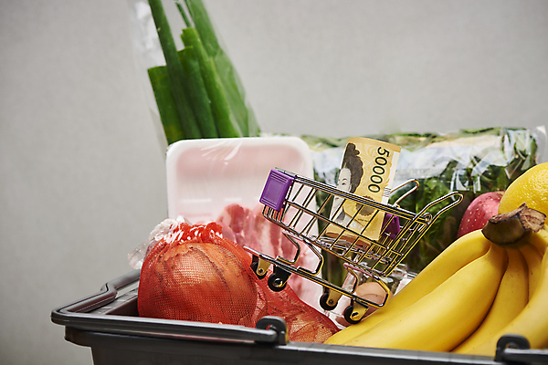 포토 JPG 스튜디오촬영 음식 지폐 회색배경 양파 바나나 실내 근접촬영 사람없음 쇼핑 장보기 쇼핑카 미니어처 장바구니 오브젝트 담기 삼겹살 파 오만원 식자재 인플레이션 국내포토 뷰포인트 백그라운드 돈 채소 과일 모션 돼지고기 내부 경제 바구니 모형 카트 회색 파일형식