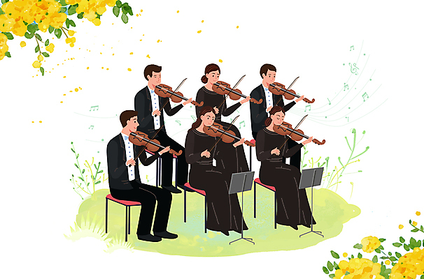 전신 PSD 여자 남자 꽃 연주 의자 일러스트 들기 앉기 잔디 여러명 성인 눈감음 공연 연주자 음악가 악단 보면대 바이올린 연주회 합주 바이올리니스트 관현악단 오케스트라 성인만 국내일러스트 식물 직업 음악 가구 다수 모션 현악기 사람 이벤트 음악회 파일형식