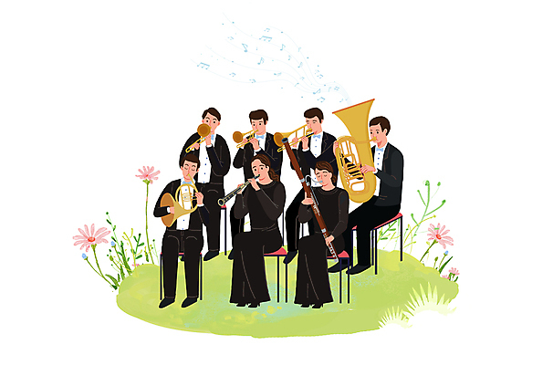 전신 PSD 여자 남자 꽃 연주 의자 일러스트 관악기 들기 앉기 잔디 여러명 성인 눈감음 공연 연주자 악단 불기 연주회 클라리넷 합주 호른 관현악단 오케스트라 바순 튜바 트롬본 프렌치호른 성인만 국내일러스트 식물 악기 음악 가구 다수 모션 사람 이벤트 음악가 목관악기 금관악기 음악회 파일형식
