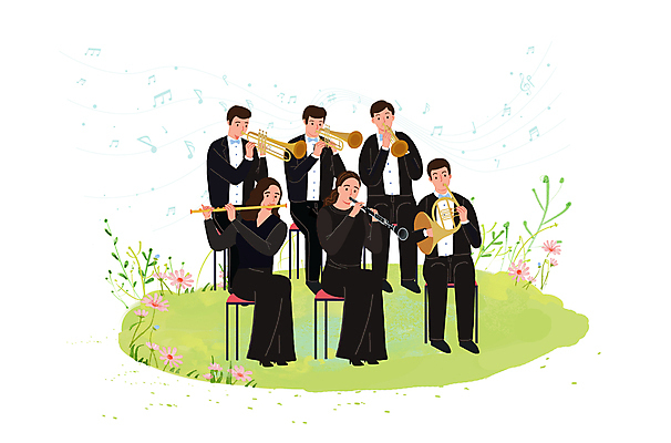 전신 PSD 여자 남자 꽃 연주 의자 일러스트 관악기 들기 앉기 잔디 여러명 성인 공연 연주자 악단 플루트 트럼펫 연주회 합주 호른 관현악단 오케스트라 오보에 프렌치호른 플루티스트 성인만 국내일러스트 식물 악기 음악 가구 다수 모션 사람 이벤트 음악가 목관악기 금관악기 음악회 파일형식