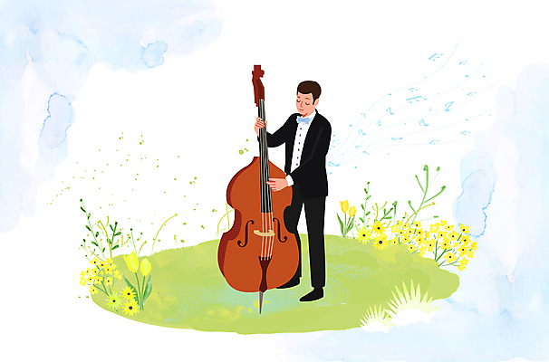 전신 PSD 남자 꽃 연주 일러스트 한명 서기 정장 잔디 성인 눈감음 공연 연주자 잡기 연주회 관현악단 콘트라베이스 콘트라베이시스트 성인남자한명만 국내일러스트 식물 1 옷 음악 모션 현악기 사람 이벤트 음악가 악단 음악회 남자한명만 성인남자만 파일형식