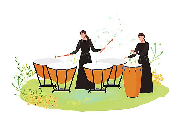 전신 PSD 드레스 여자 꽃 연주 일러스트 타악기 서기 잔디 성인 두명 공연 연주자 연주회 합주 관현악단 오케스트라 팀파니 성인여자만 콩가 두드리기 국내일러스트 식물 옷 악기 음악 모션 사람 이벤트 음악가 악단 음악회 여자만 성인만 파일형식