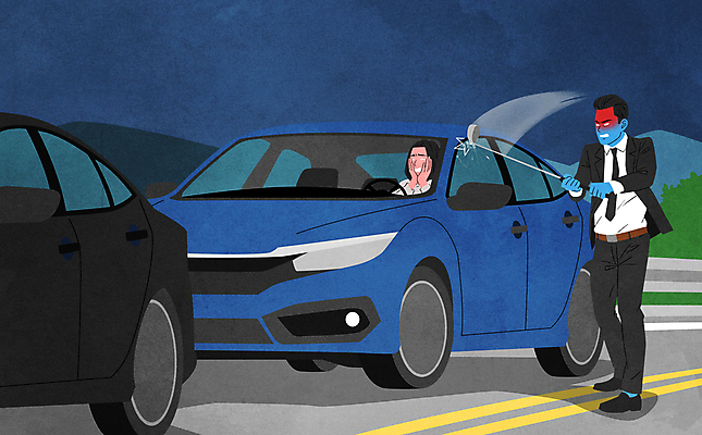 전신 PSD 여자 남자 도로 일러스트 자동차 서기 들기 정장 상반신 성인 두명 놀람 골프채 분노 범죄 공격 무서움 범죄인 사회이슈 공포 때리기 폭행 피해자 성인만 가해자 휘두르기 국내일러스트 옷 감정 길 육상교통 컨셉 교통시설 모션 골프용품 표정 사람 피해 폭력 파일형식