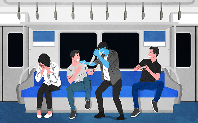 전신 PSD 여자 남자 일러스트 앉기 여러명 성인 놀람 분노 눈가림 잡기 범죄 칼 전철 위험 공격 무서움 범죄인 사회이슈 공포 폭행 피해자 흉기 성인만 가해자 휘두르기 국내일러스트 감정 육상교통 다수 컨셉 모션 대중교통 표정 사람 피해 가림 폭력 파일형식