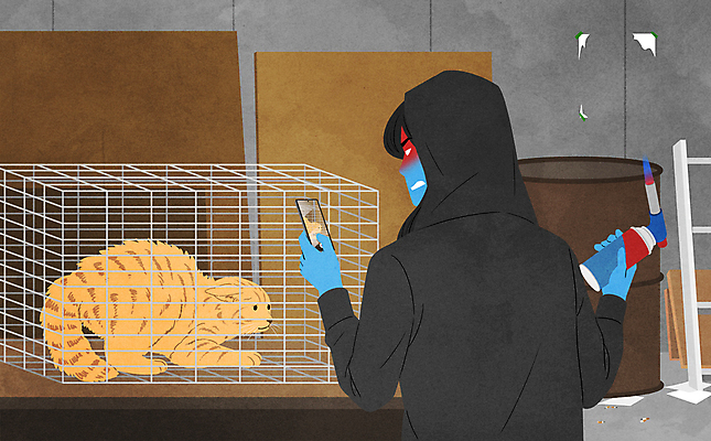 PSD 한마리 여자 일러스트 한명 들기 상반신 성인 스마트폰 촬영 고양이 분노 범죄 공격 무서움 범죄인 동물학대 사회이슈 구속 후드티셔츠 웅크림 철장 토치 폭행 피해자 성인여자한명만 가해자 국내일러스트 1 감정 컨셉 티셔츠 포유류 모션 사람 핸드폰 스마트기기 반려동물 피해 공구 폭력 학대 여자한명만 성인여자만 파일형식